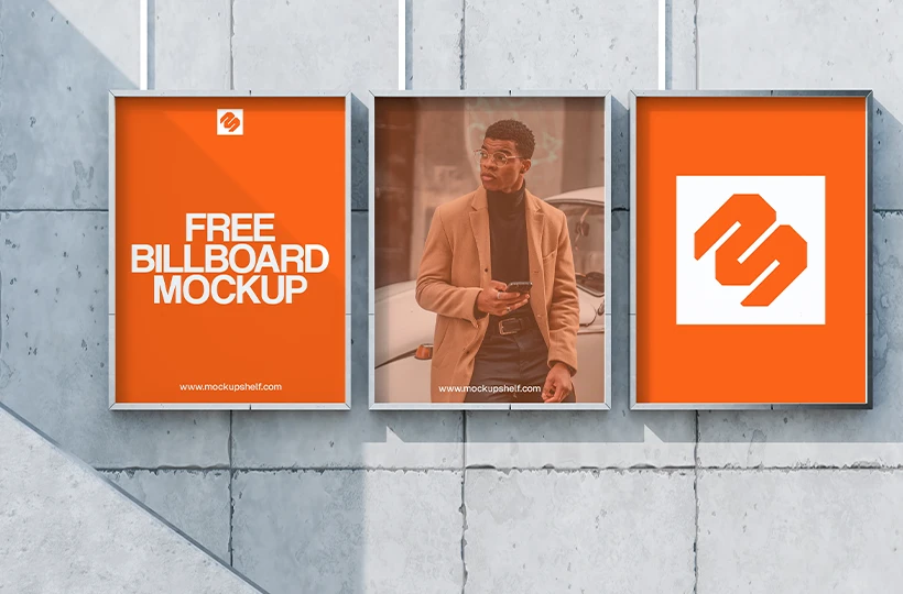 Outdoor Billboard Mockup – front view with 3 design variations for outdoor advertising | MockupShelf