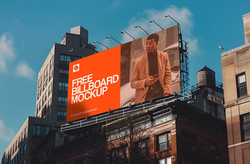 Free Outdoor Billboard Mockup – front view hoarding on top of building | MockupShelf