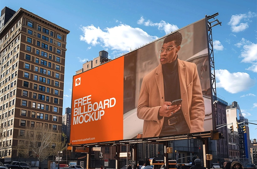 Modern Outdoor Billboard Mockup – front view hoarding on top of building | MockupShelf