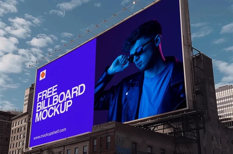 Large billboard displayed on a city building with a clear sky in the background