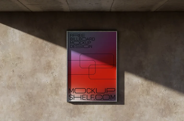 Outdoor wall advertising display mounted on a textured concrete wall with angled sunlight