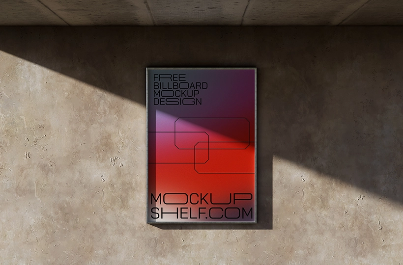 Outdoor wall advertising display mounted on a textured concrete wall with angled sunlight