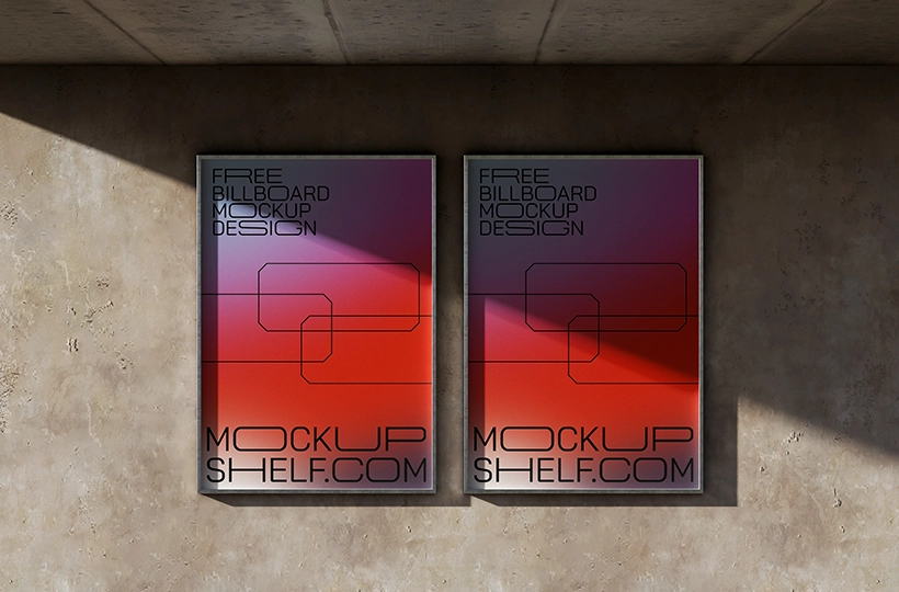 Two vertical outdoor advertising posters mounted side by side on a textured concrete wall with angled sunlight