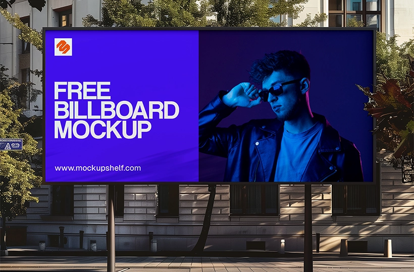 Street billboard displayed in an urban outdoor setting with building and trees in the background