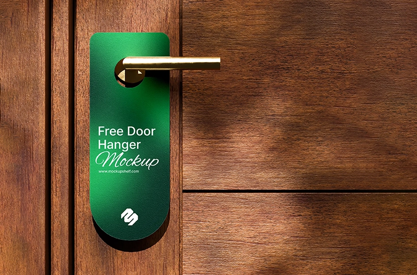 Free Door Hanger Mockup – front view door hanger card on wooden door | MockupShelf
