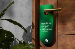 Free Door Card Mockup – front side angled view on wooden door with potted plants | MockupShelf