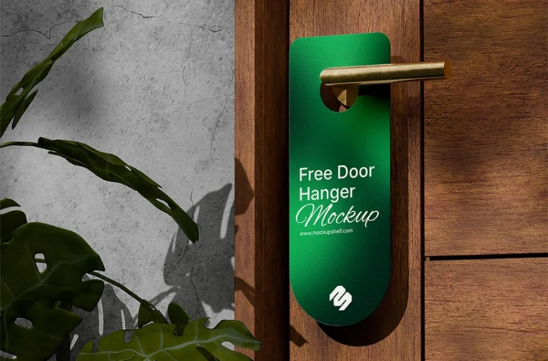Free Door Card Mockup – front side angled view on wooden door with potted plants | MockupShelf