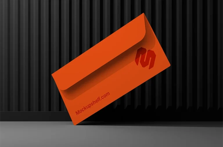 Free envelope mockup floating in minimal dark interior setting, clean modern presentation style | MockupShelf