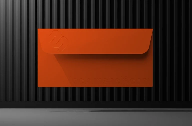 Orange envelope mockup displayed against a dark vertical panel background
