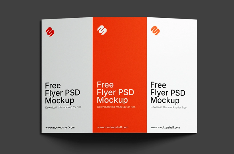 Free Tri Fold Brochure Mockup PSD – top view showing two A3 flyers front and back side | MockupShelf