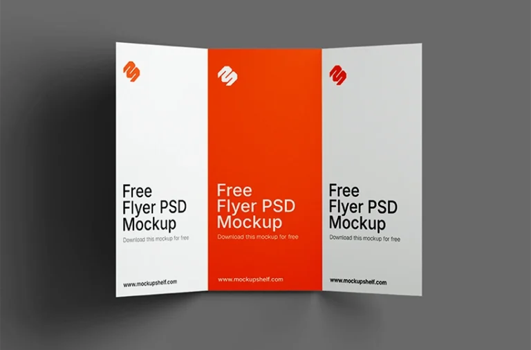 Free Tri Fold Flyer Mockup PSD – top view showing two A3 flyers front side | MockupShelf