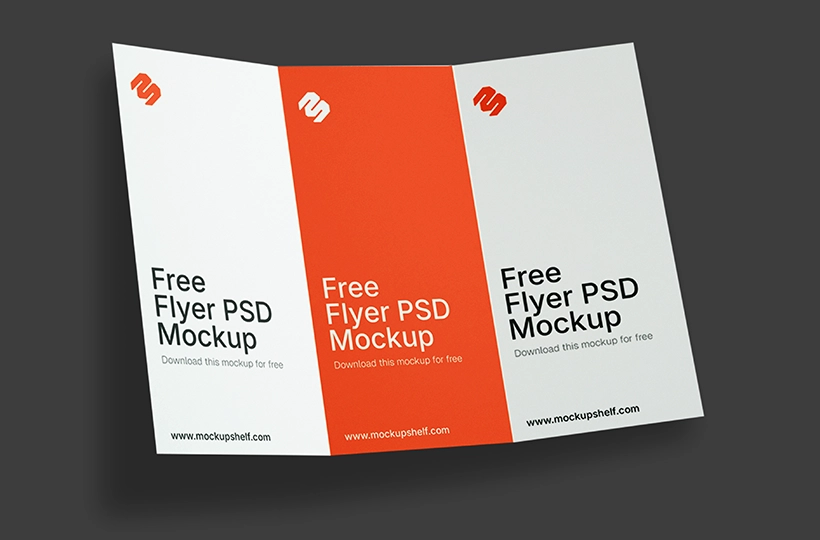 Free Tri Fold Flyer Mockup PSD – front view showing tri fold flyers front side | MockupShelf