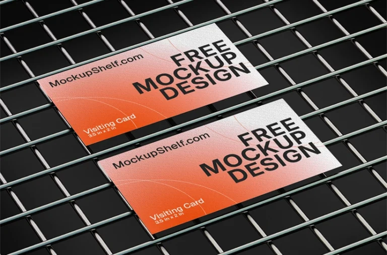 Industrial Business Card Mockup – top angled view on steel rods background | MockupShelf