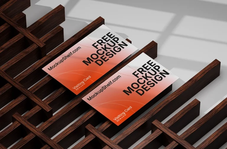 Modern Business Card Mockup – top angled view with card on wooden blocks | MockupShelf