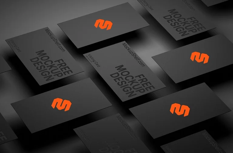 Business Cards Mockup – top angled view showing modern business card layout | MockupShelf