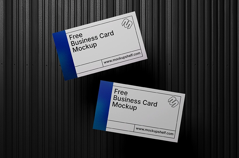 Two business cards displayed on a dark vertical panel background