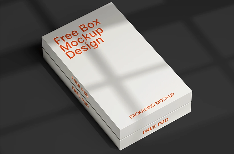 Folding Box Mockup – top angled view of a folding packaging box with window shadows on dark background | MockupShelf