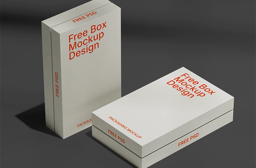 Paper Box Mockup – front angled view of two paper packaging boxes on dark background | MockupShelf