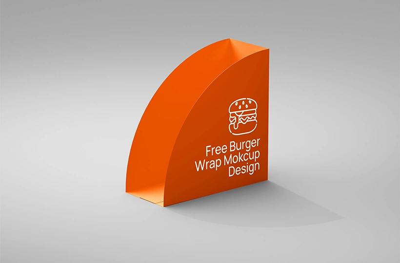 Free Burger Wrap Mockup – front angled view of orange burger packaging wrap on light background | MockupShelf