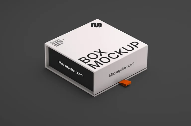 Free Packaging Mockup Design – top angled view of magnetic box packaging on dark background | MockupShelf