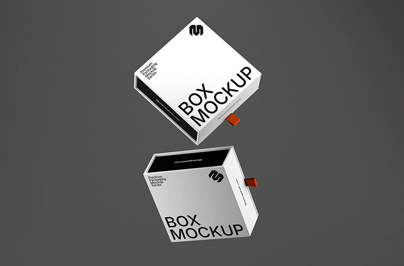 Magnetic Packaging Box Mockup – floating top angled view of two drawer boxes on dark background | MockupShelf