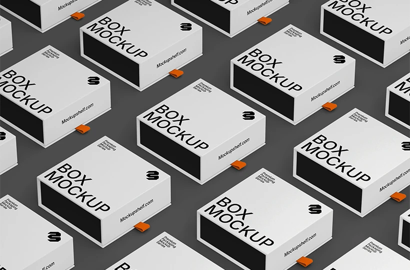 Sliding Drawer Box Mockup – top angled view of multiple packaging boxes on dark background | MockupShelf