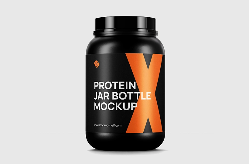 Free Whey Protein Jar Mockup – front view of black supplement bottle on light background | MockupShelf