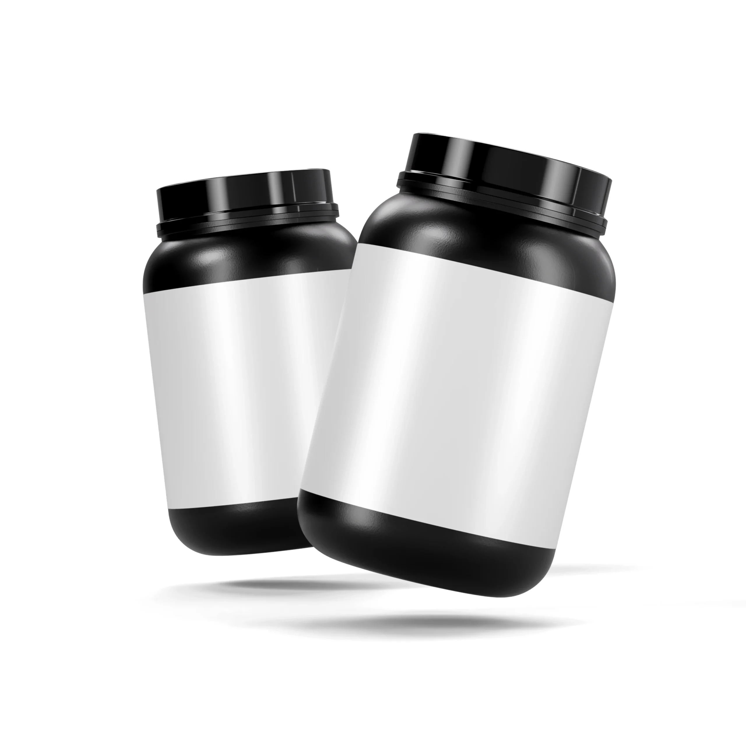 Plastic Protein Jars Mockup Without Design – Front Angled PSD Template | MockupShelf Blank plastic protein jars mockup – two floating black supplement bottles on light background | MockupShelf