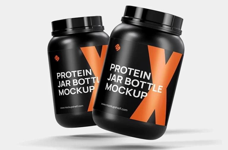 Free Plastic Protein Jars Mockup – front angled view of two black supplement bottles floating on light background | MockupShelf