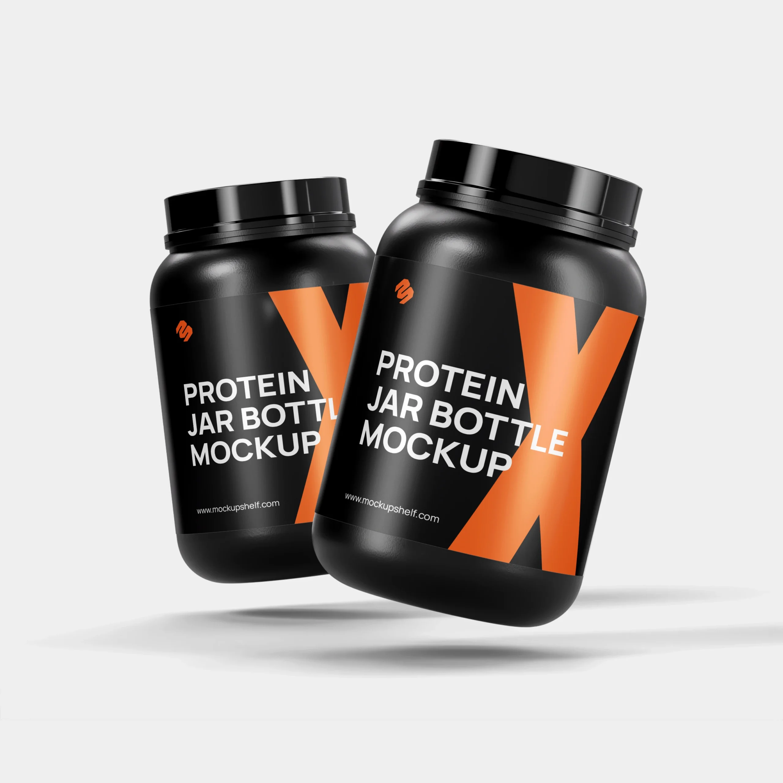 Free Plastic Protein Jars Mockup with Design – Front Angled PSD Template | MockupShelf Free Plastic Protein Jars Mockup with design – two floating black supplement bottles on light background | MockupShelf