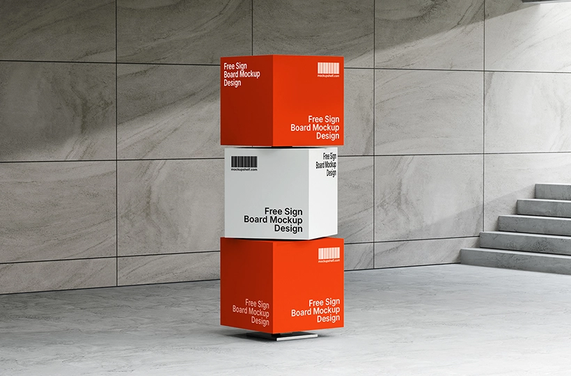 Free Sign Board Mockup Design – front angled view stacked rectangular boards in modern indoor space | MockupShelf