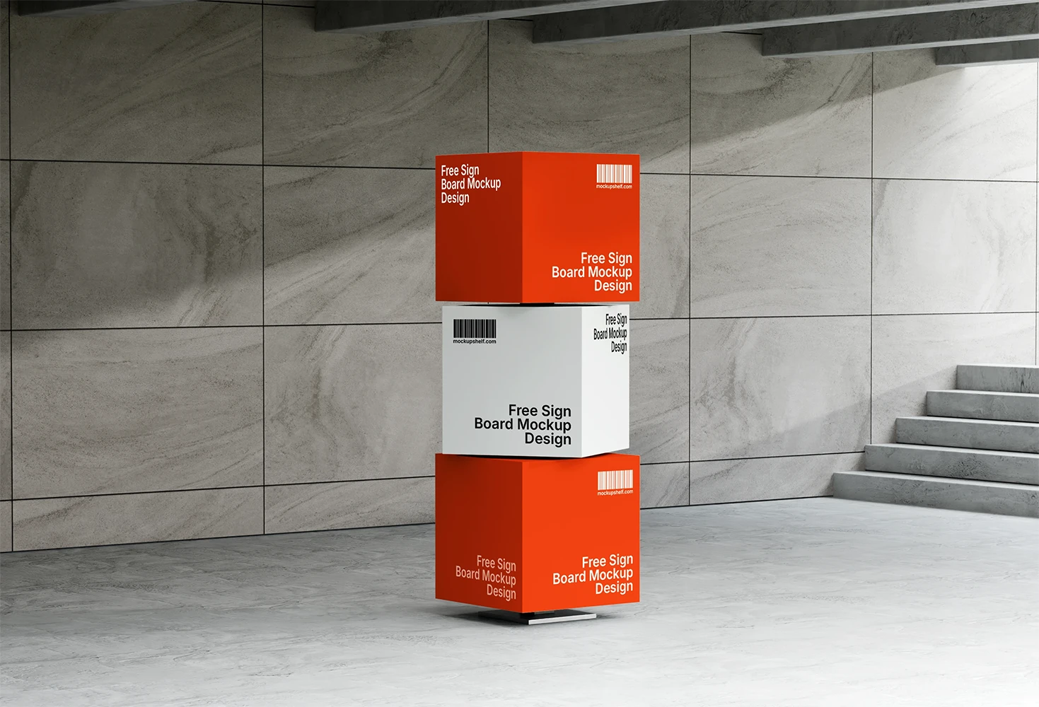 Free Sign Board Mockup with Design – Front Angled PSD Template | MockupShelf Free Sign Board Mockup with design – front angled stacked boards in modern indoor scene | MockupShelf