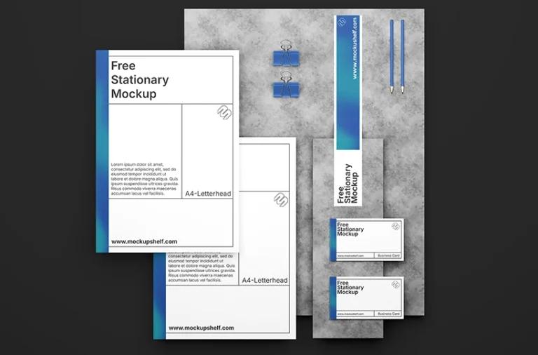 Free Stationery Items Mockup Design – top view branding stationery set on gray background | MockupShelf