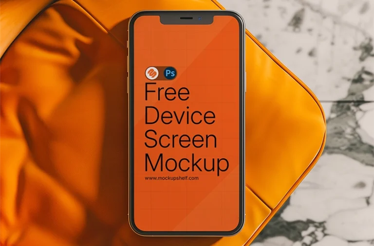 Free iPhone Mockup – top view of smartphone on orange chair with marble floor background | MockupShelf