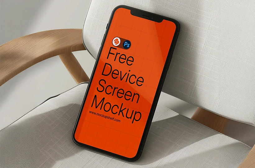 Free iPhone Mockup on a Chair – angled view of smartphone resting on light fabric chair with wooden armrest | MockupShelf