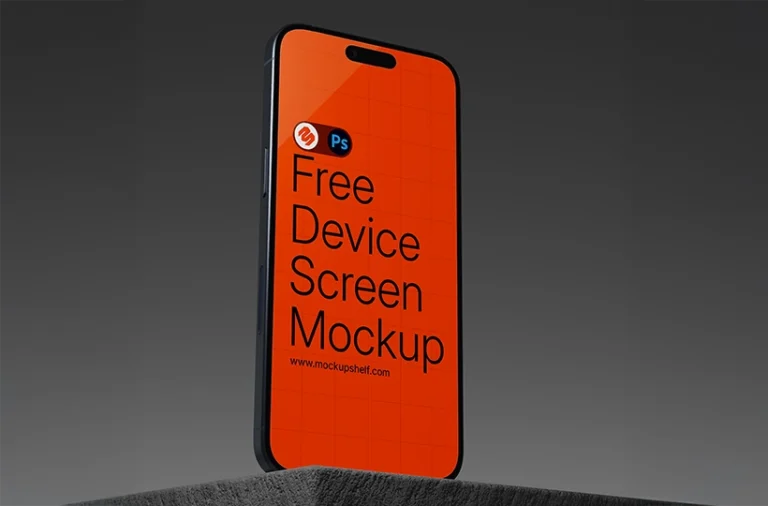 Free iPhone on Concrete Block Mockup – angled view of smartphone standing on textured gray block with dark background | MockupShelf