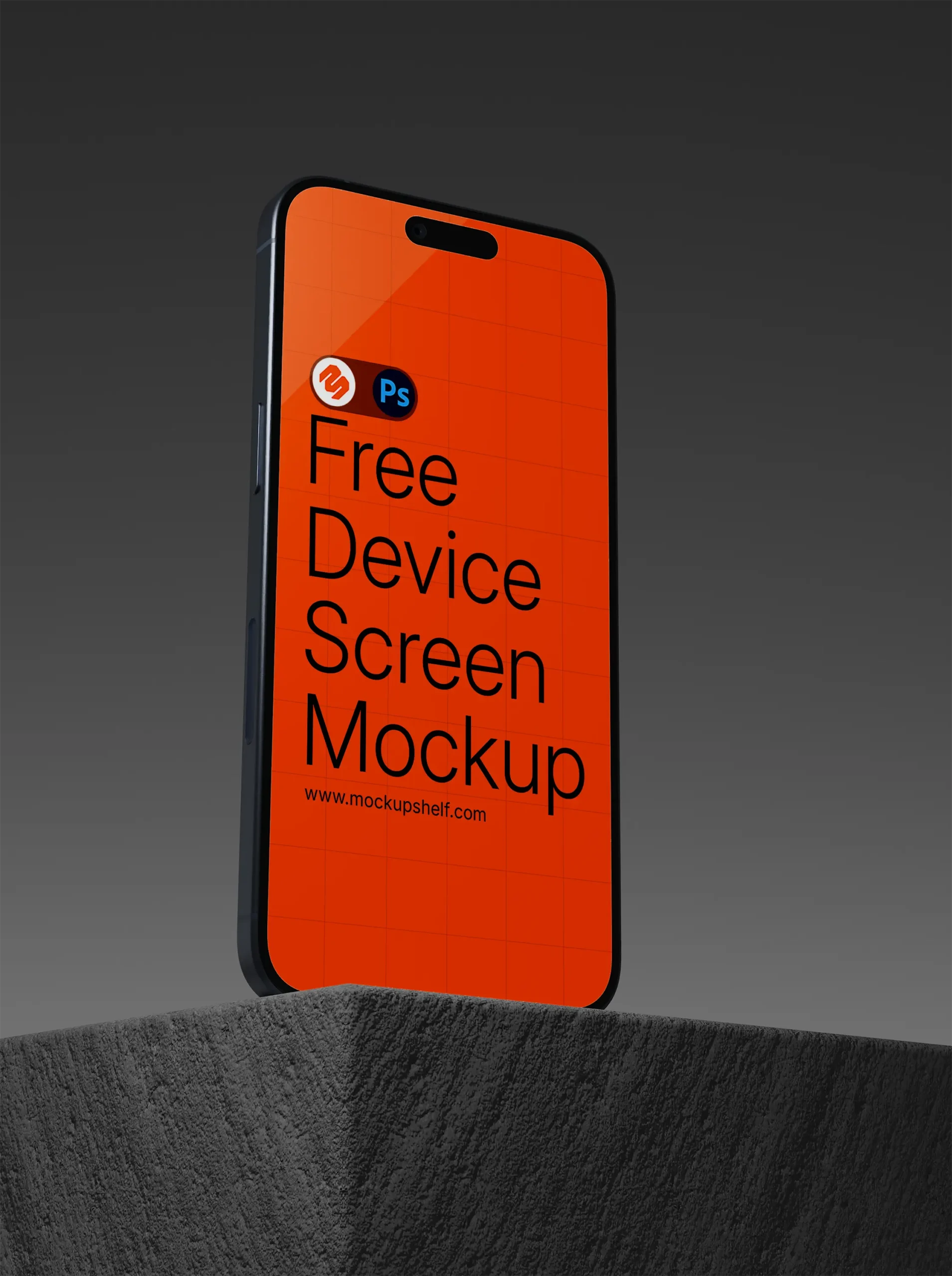 Free iPhone Mockup with design on concrete block – angled smartphone view on textured surface with dark background | MockupShelf