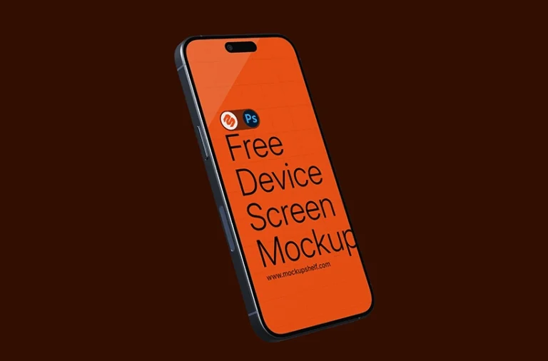 Free iPhone Mockup – angled view of smartphone floating against a dark brown background | MockupShelf