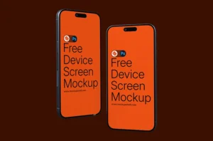 Free iPhone Mockup – two floating smartphones angled against a dark brown background | MockupShelf