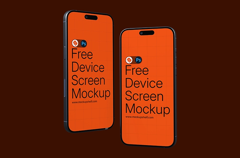 Free iPhone Mockup – two floating smartphones angled against a dark brown background | MockupShelf