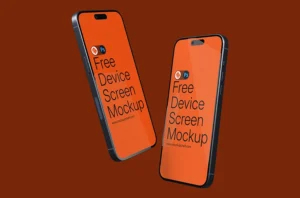 Free iPhone Mockup – two angled smartphones floating on a deep brown background | MockupShelf