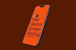 Free iPhone Mockup – floating smartphone angled on a dark brown background | MockupShelf