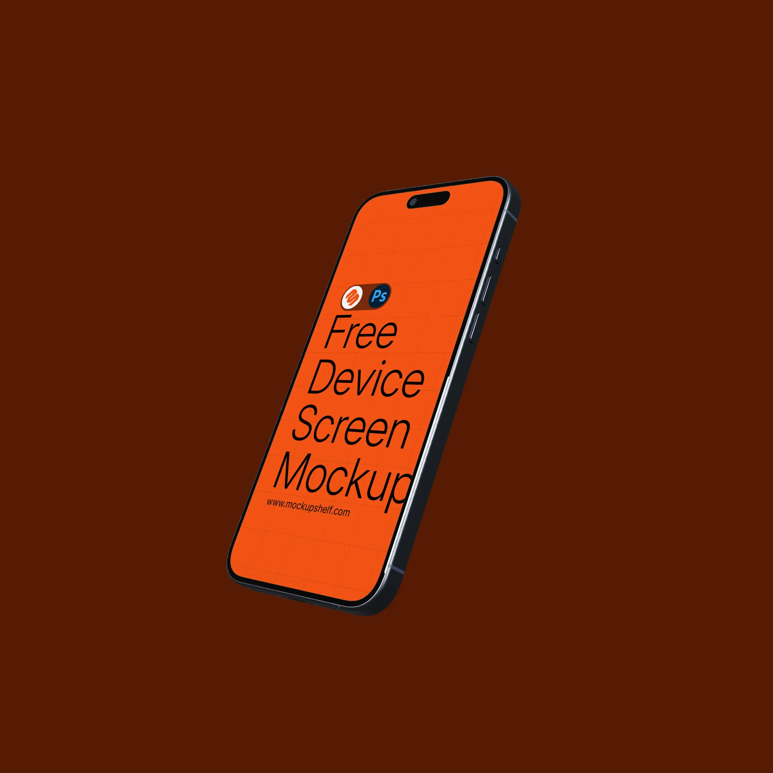 Free iPhone Mockup with design – floating smartphone angled on dark brown background | MockupShelf