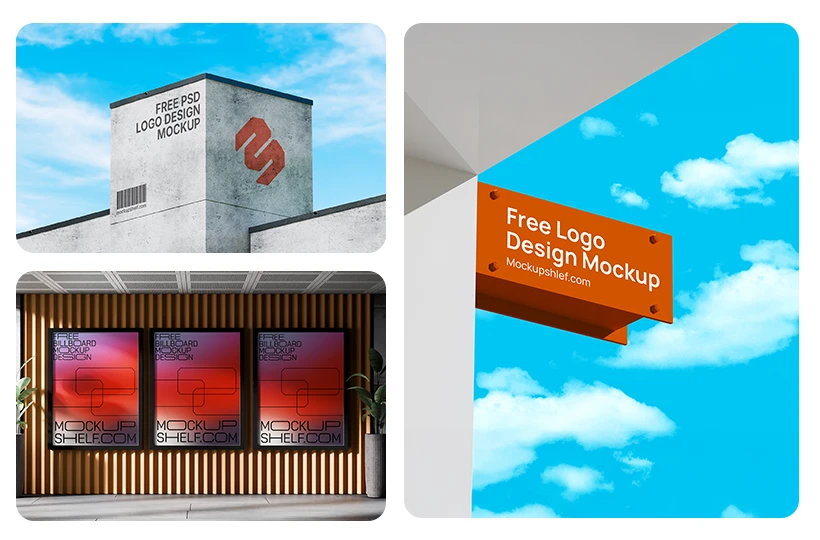 Free outdoor mockups download by MockupShelf, realistic PSD mockup set featuring billboard, signage, and building logo designs for professional advertising displays