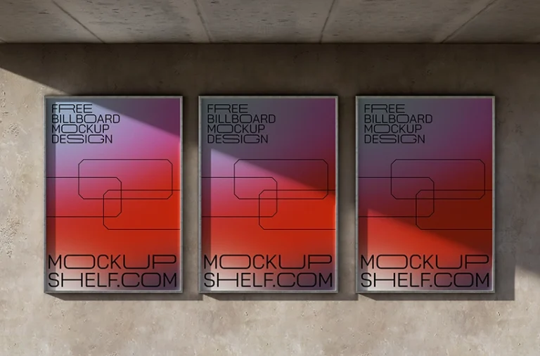 Three vertical billboard posters displayed side by side on a concrete wall with sunlight casting angled shadows