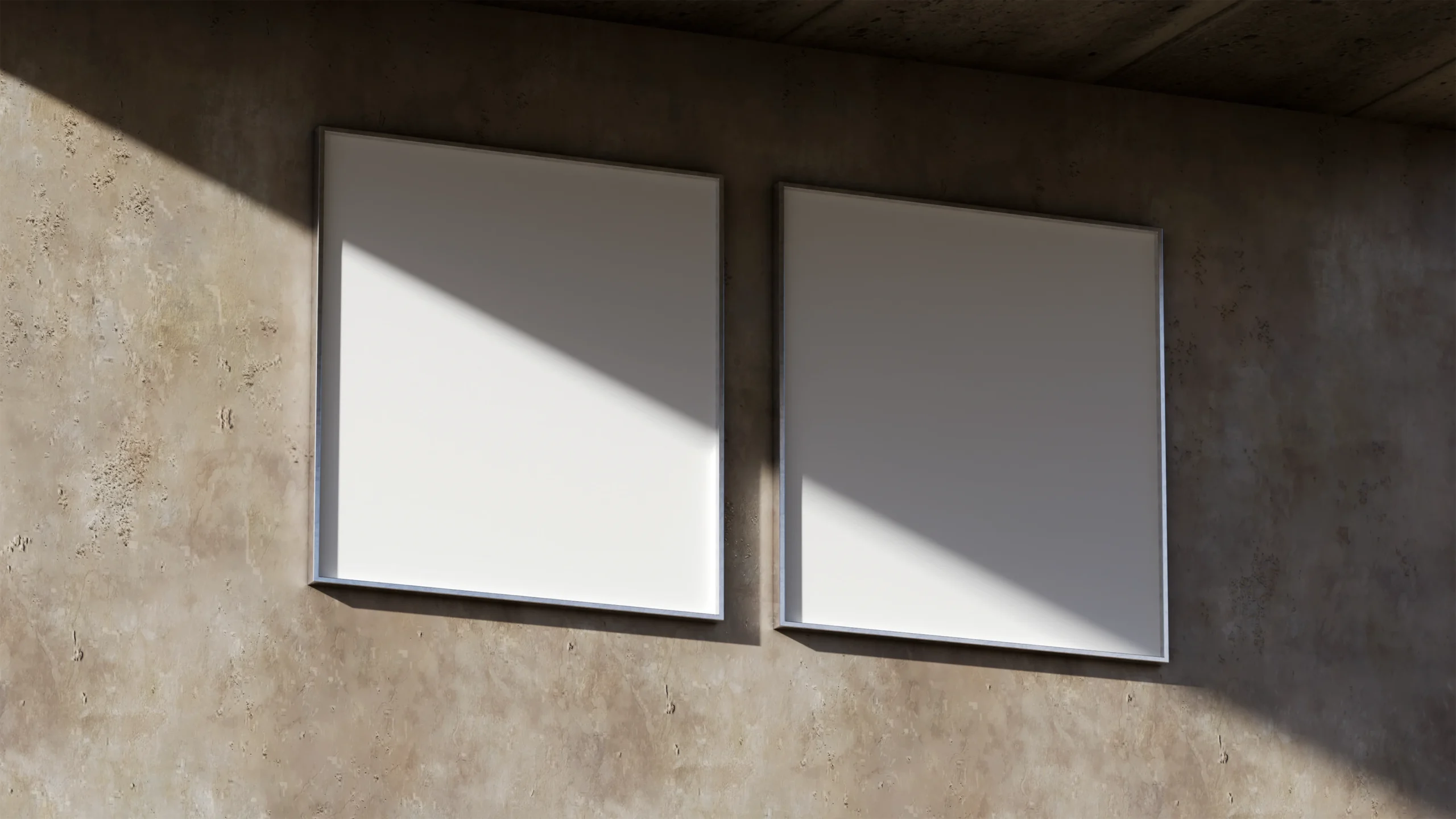 Blank dual billboard posters on a concrete wall with angled daylight