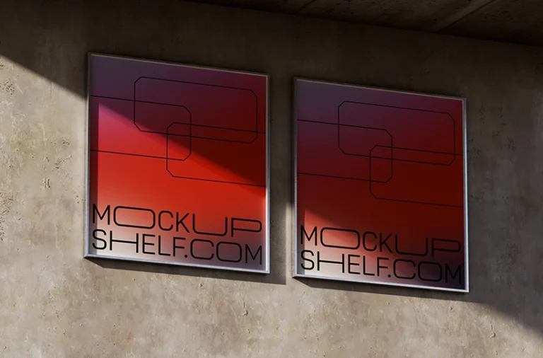 Two rectangular billboard posters mounted side by side on a textured concrete wall with natural sunlight casting shadows