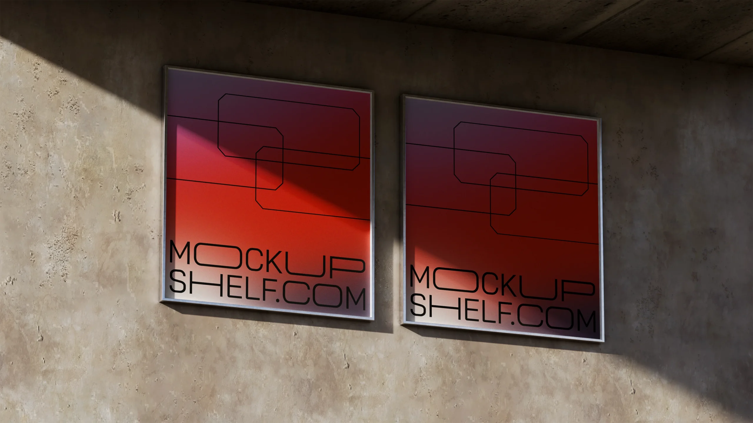 Two wall posters with applied design displayed side by side on a concrete wall