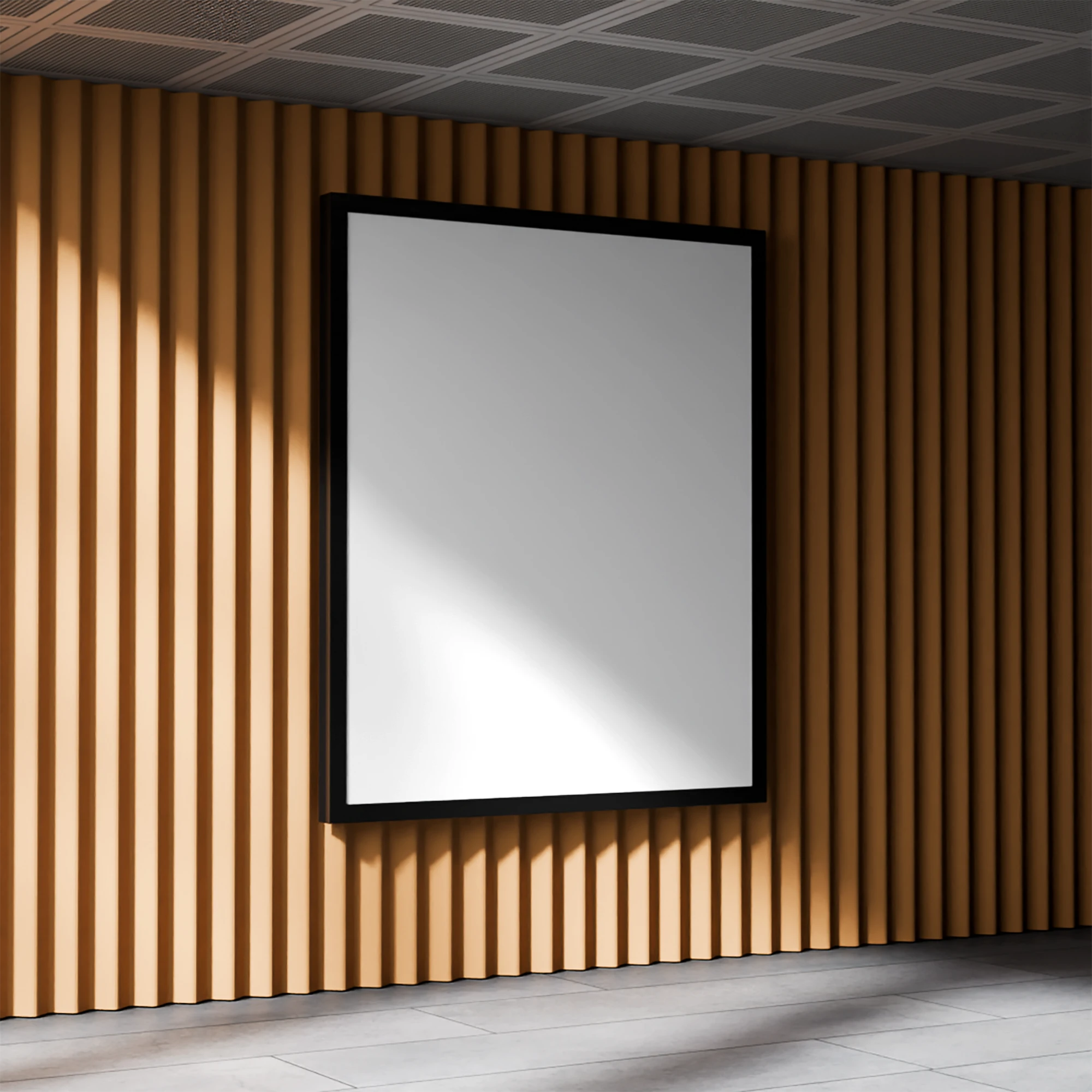 Blank framed indoor billboard on a wooden slat wall with soft lighting