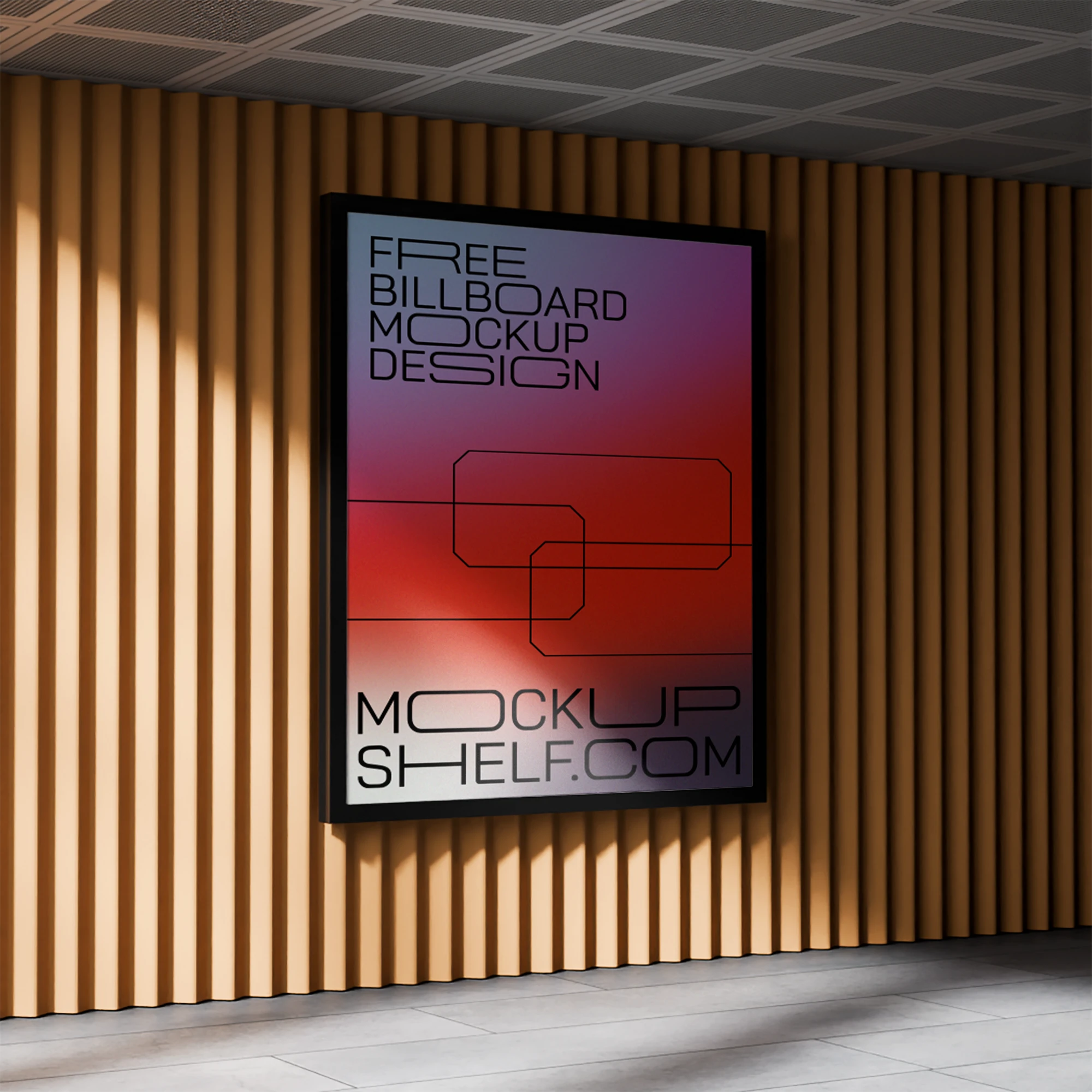 Billboard Mockup with Design, Indoor Advertising Showcase | MockupShelf Framed indoor poster with applied design displayed on a wooden slat wall